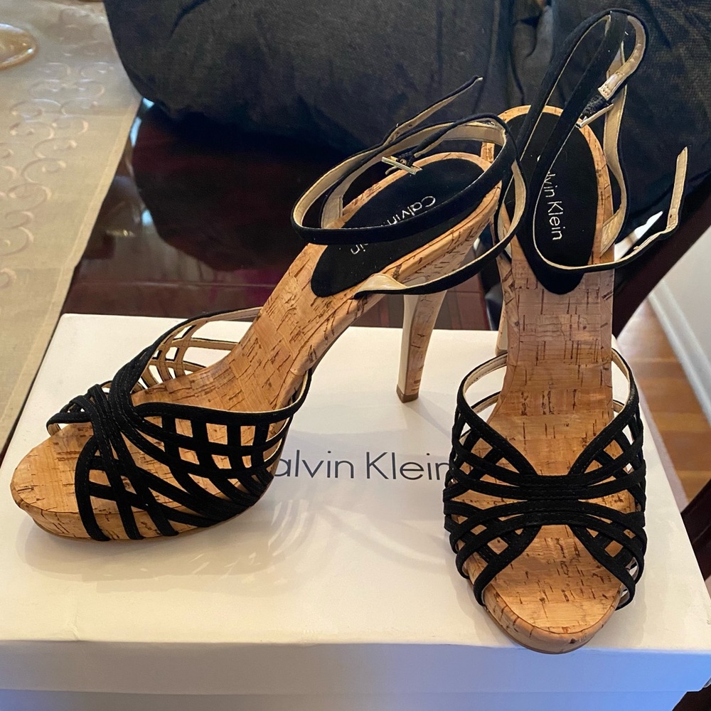 Calvin Klein Pandora Black Suede Ankle Strap Cork Heel Sandals